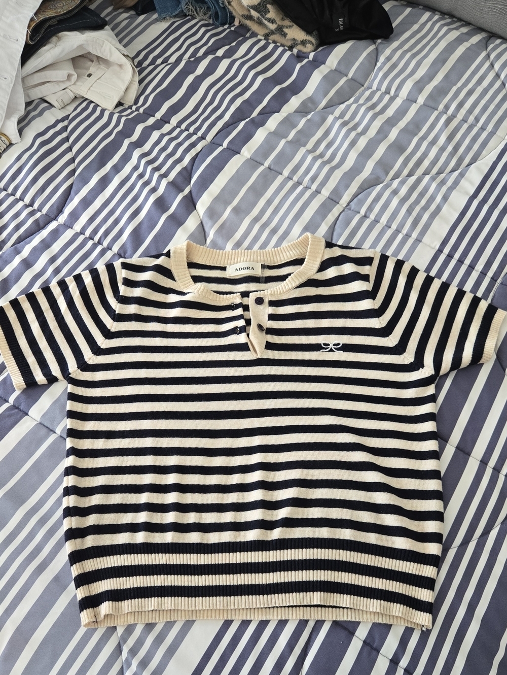 ADORA Navy and Cream Striped Short-Sleeve Knit Top